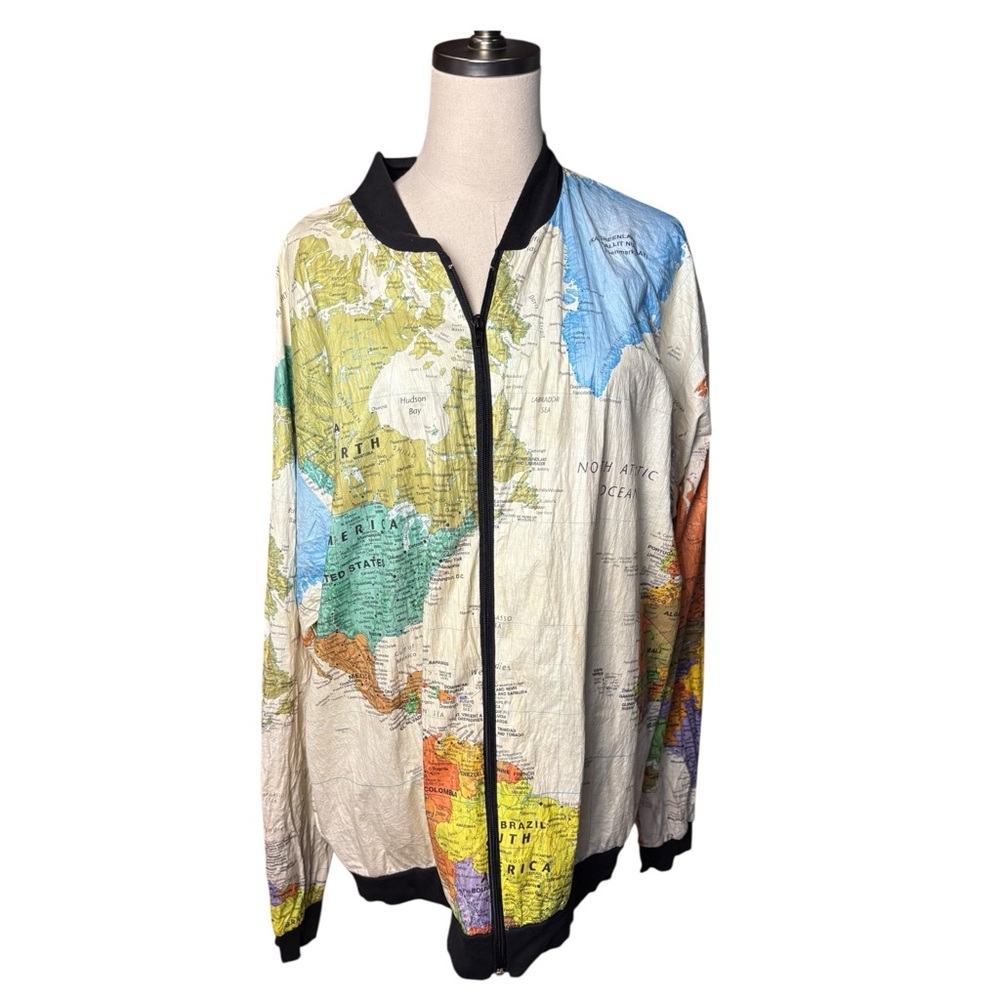 Vintage World Map Print Jacket Windbreaker PACKABLE XL 80s Retro Unique Graphic